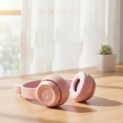 Auricular Orejas Gato Vincha Bluetooth Tf Micrófono Infantil Rosa