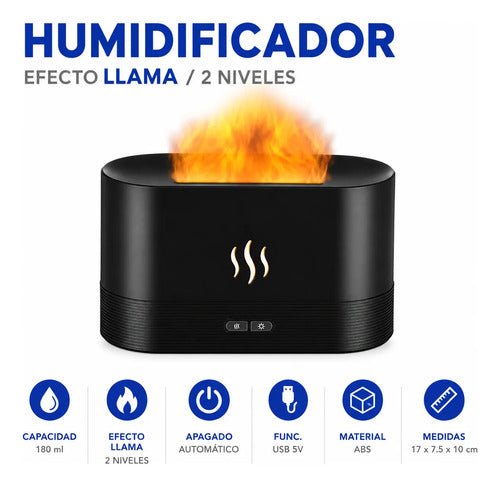 Humidificador Efecto Llama 180ml Usb 2 Niveles Difusor Negro