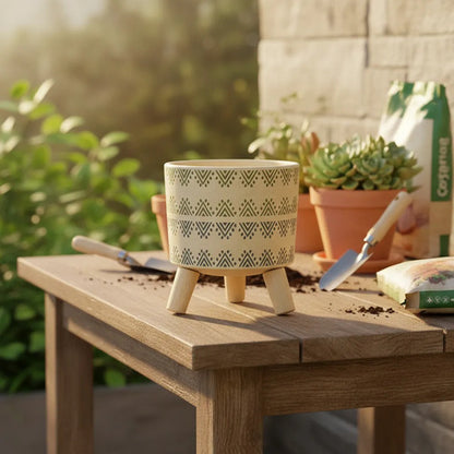 Maceta Ceramica Patas Madera 14x12cm Decorativa Hogar Planta Beige