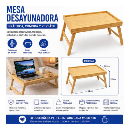 Mesa Bandeja Desayunadora Bambú Mesa Plegable 50x30x22cm Natural
