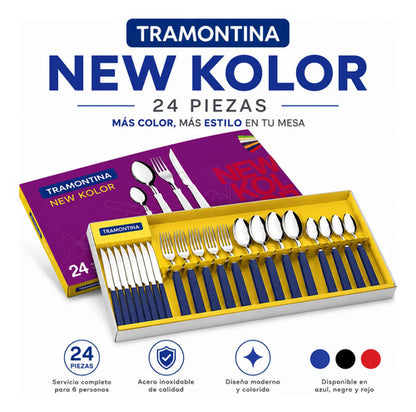 Juego/set De Cubiertos New Kolor X24 Mango Plastico Mesa Negro