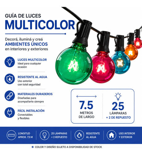 Guía Luces Multicolor 25 + 2 Repuestos Bombitas Guirnaldas Multicolor