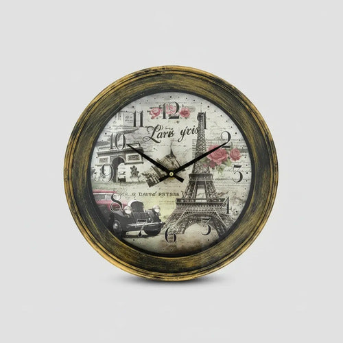 Reloj Analógico Vintage Pared Redondo Estilo París 30cm Dorado