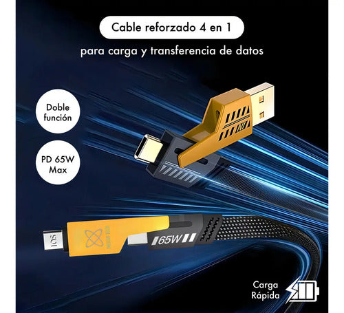 Cable Usb Carga Rápida 4 En 1 Reforzado Para iPhone Y Usb-c Negro