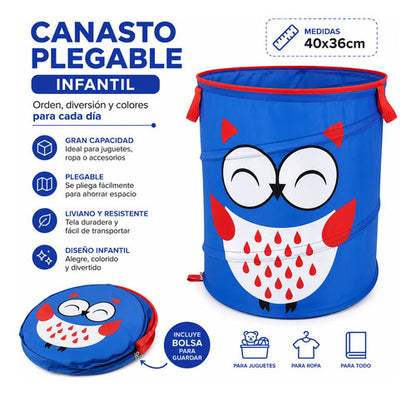 Canasto Infantil Plegable Tela Diseño Búho 40cm Organizador Azul