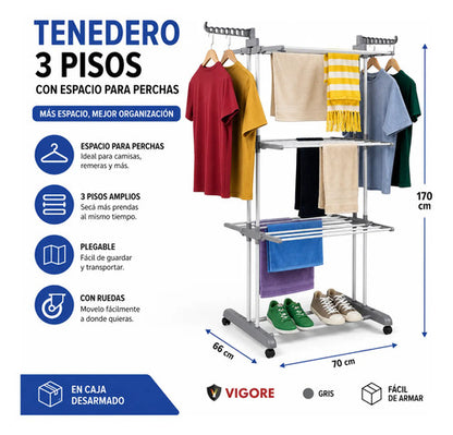 Tendedero Vertical Perchas Plegable 3 Niveles Ruedas Ropa Gris