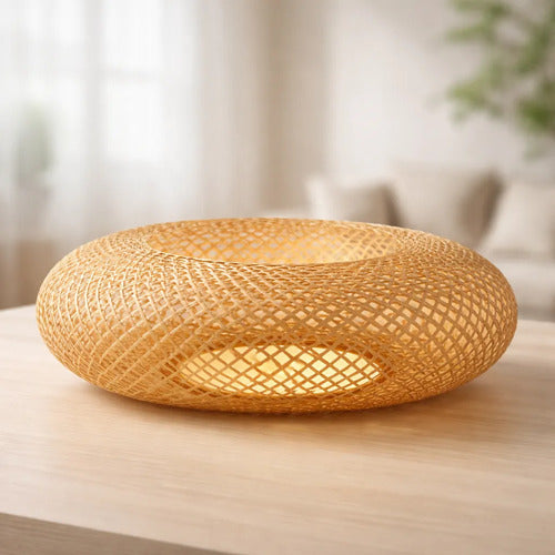 Pantalla Lampara Colgante 70cm Rustica Tejida De Ratan Amarillo Estilo Ovalado Donut / Boho Chic