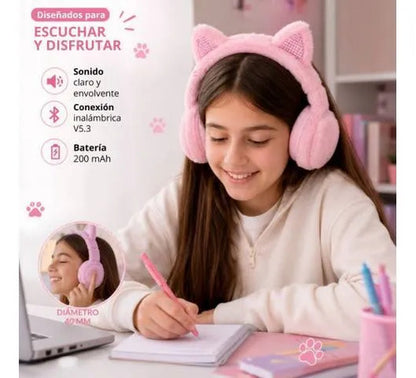 Auriculares Inalámbricos Peluche Orejas Gato V5.3 Rosa Rosa