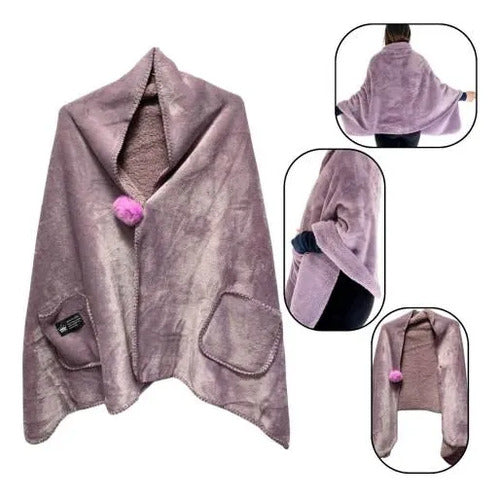 Poncho Manta Corderito Bolsillo 170x65cm Abrigo Frio 450gr Rosa Liso U