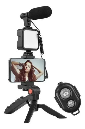 Tripode Soporte Celular Con Luz Led Y Microfono Para Video Negro