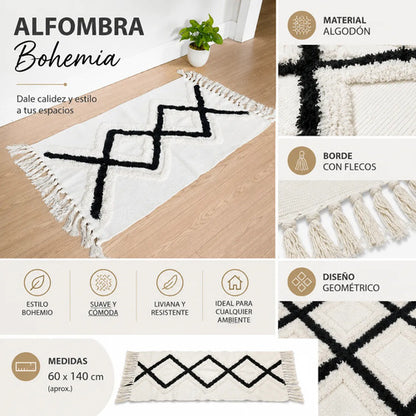 Alfombra Bohemia Algodon 60x140 Flecos Geometrica Pasillo 1.4 M 60 Cm Blanco
