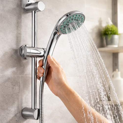 Set Ducha Baño Manual Soporte Ajustable Manguera Flexible Plateado Cromado