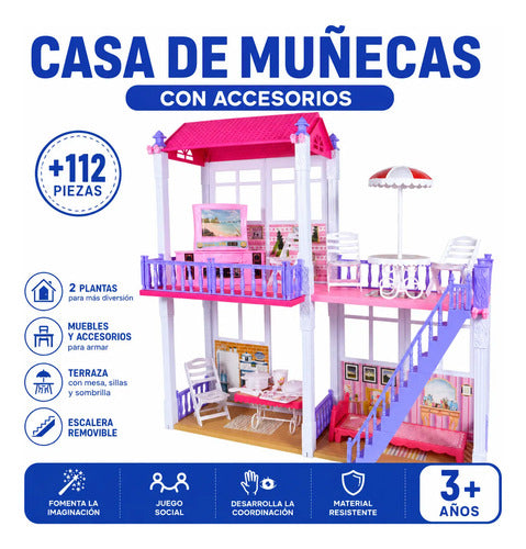 Casa Muñecas Grande 2 Pisos +112 Piezas Accesorios Muebles Rosa