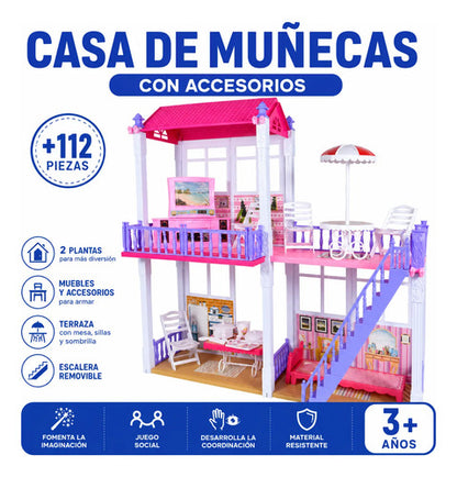 Casa Muñecas Grande 2 Pisos +112 Piezas Accesorios Muebles Rosa