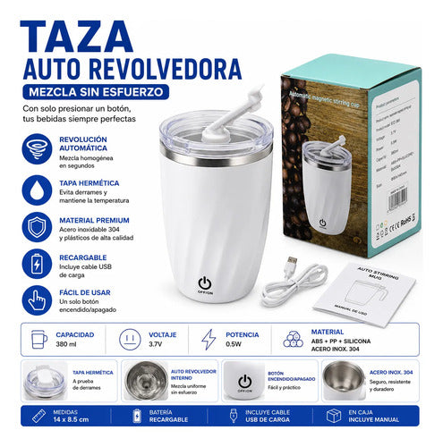 Vaso Taza Revolvedora Mezclador Automatico Usb Recargable Blanco Liso Moderno Con Tapa Transparente