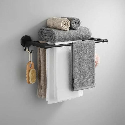 Organizador Toallero Estante Baño Cocina Pared Metalico 49cm Negro