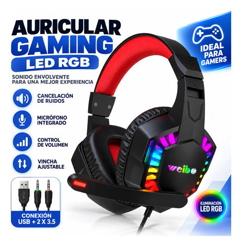 Auricular Headset Gamer Led Rgb Usb 3.5mm Micrófono Negro Y Rojo