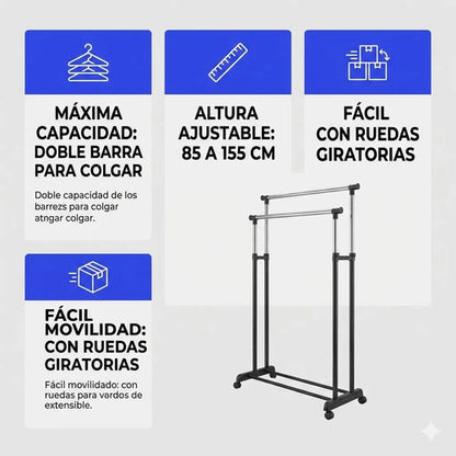 Perchero Ropero Doble Extensible Rueda Organizador 155 Metal Negro