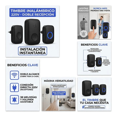 Timbre Inalambrico Doble Receptor Anti-interferencias Remoto Blanco