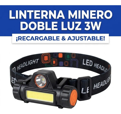 Linterna Frontal Minero Leds Recargable Usb Ajustable 3w Xpe Blanco Frío Potente Y Focalizada Negro Mate