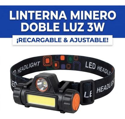 Linterna Frontal Minero Leds Recargable Usb Ajustable 3w Xpe Blanco Frío Potente Y Focalizada Negro Mate