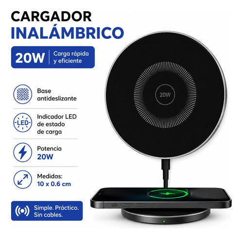 Cargador Inalambrico 20w Base Antideslizante Celular Led Negro