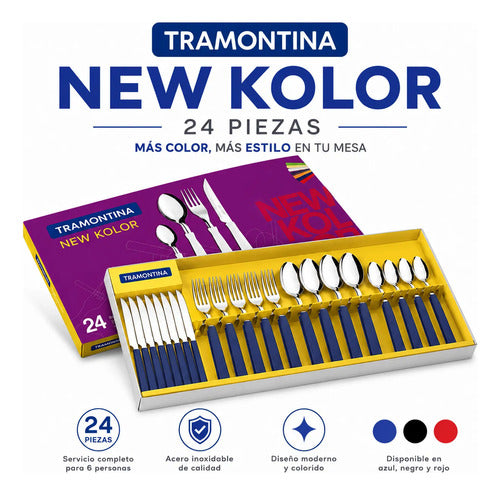 Juego/set De Cubiertos New Kolor X24 Mango Plastico Mesa Azul