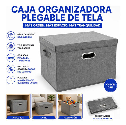 Caja Organizadora Plegable Tela Con Asas Tapa 38x25x25cm Gris