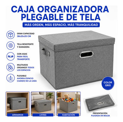 Caja Organizadora Plegable Tela Con Asas Tapa 38x25x25cm Gris