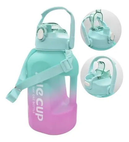 Botella Agua Deportiva 2.2l Doble Pico Deportiva Correa Celeste Con Rosado