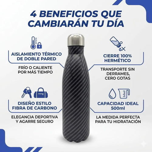 Botella Termica Acero Inoxidable 500ml Fibra Carbono Sport Negro