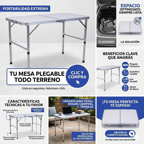 Mesa Plegable Rectangular Portatil Acero Plastico 120cm Alta