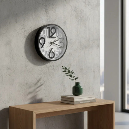 Reloj Pared Redondo Analogico Numeros 3d 25cm Negro Gris Negro