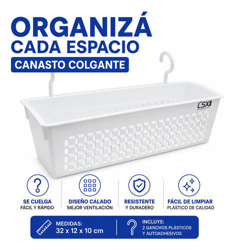 Canasto Organizador Colgante Plástico 32x12x10cm Con Ganchos Blanco