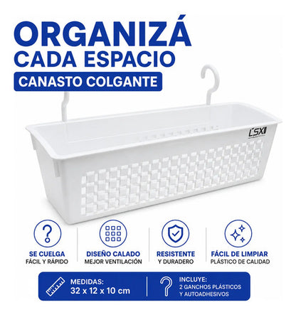 Canasto Organizador Colgante Plástico 32x12x10cm Con Ganchos Blanco