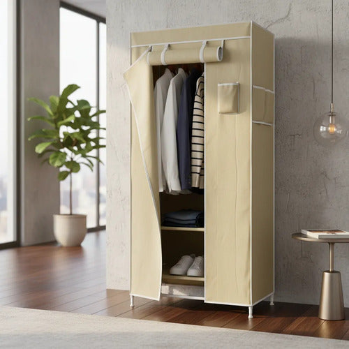 Ropero Guardarropas Organizador De Tela Percheros Estante Beige