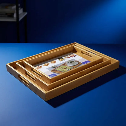 Set Kit Pack X3 Bandejas Madera Rectangulares Cocina Hogar Natural / Madera