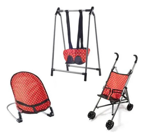 Set Infantil Coche Hamaca Silla Para Muñecas 3 Piezas Rojo