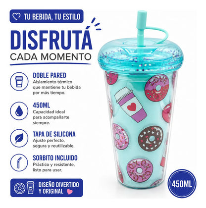 Vaso Acrílico Doble Pared Sorbito Tapa Silicona Flexible 450 Celeste
