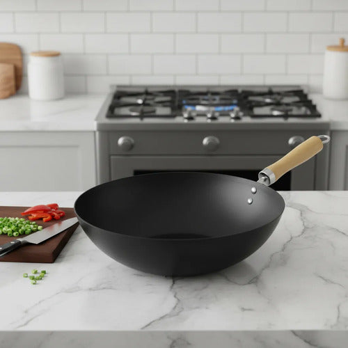 Sartén Wok Redondo Mango Madera Antiadherente Acero Carbono Negro