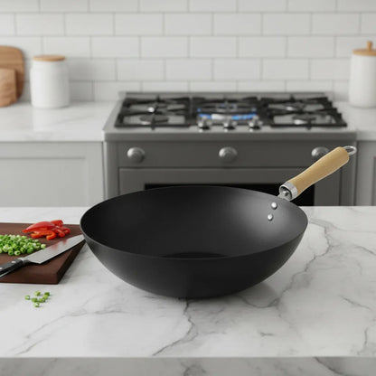 Sartén Wok Redondo Mango Madera Antiadherente Acero Carbono Negro