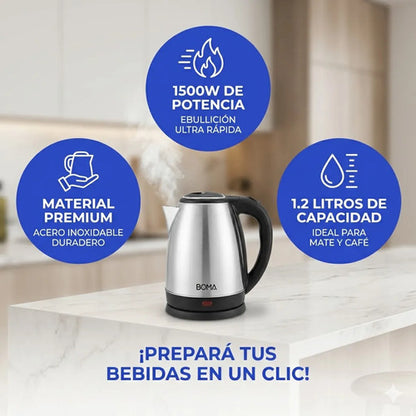 Pava Electrica 1.2l 1500w Acero Inoxidable Jarra Filtro Mate Plateado