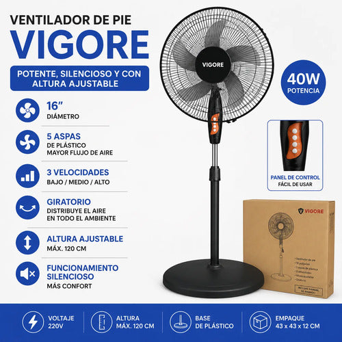 Ventilador De Pie Giratorio 16 Pulgadas 40w Altura Ajustable 40.6 Cm Negro
