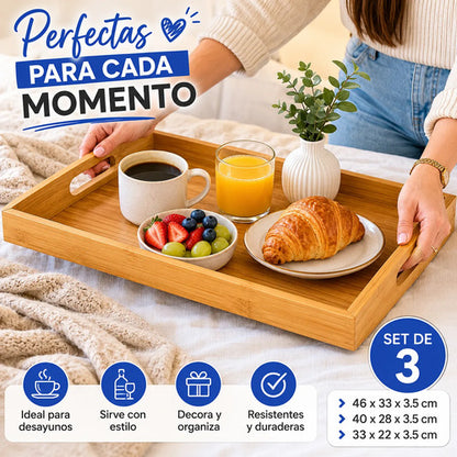 Set Kit Pack X3 Bandejas Madera Rectangulares Cocina Hogar Natural / Madera