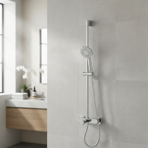 Duchero Manual Baño Barra Soporte Manguera Ajustable Lluvero Plateado Cromado