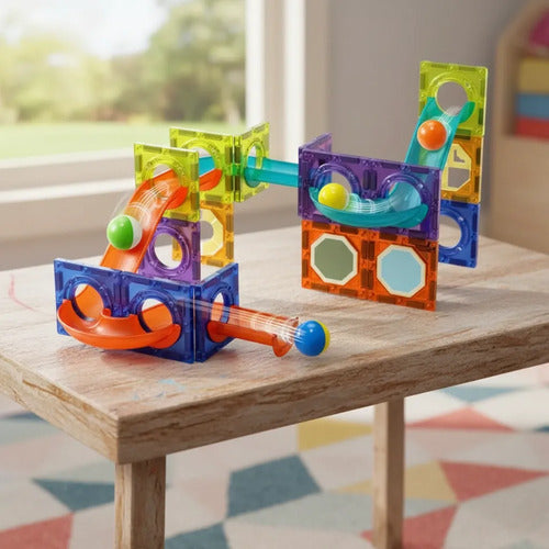 Juego Bloques Magnéticos Infantiles 49 Piezas Pista Bolitas 49
