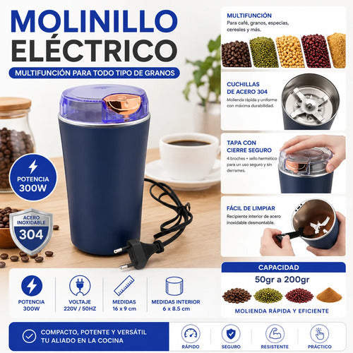 Exprimidor Molinillo Electrico Multifuncion Grano Acero 300w Azul