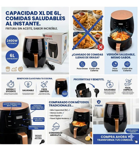 Maquina Freidora Aire Electrica 6lt 2400w Digital Cocina Negro