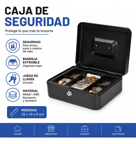 Caja Caudales Seguridad Llaves Bandeja Extraible Metal Negro
