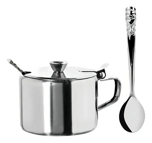 Azucarero En Acero Inox Con Cuchara Y Tapa Plateado